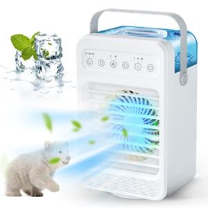 Personal Air Cooler, 70″ Oscillating Evaporative Ultra Portable Personal Air Cooler with 7 Colors LED Light, 4 Wind Speeds, 2 Refrigeration, 2/4/6Timer, 2 Spray Modes and 600ml large tank for Office, Home, Bedroom, Dorm, Travel