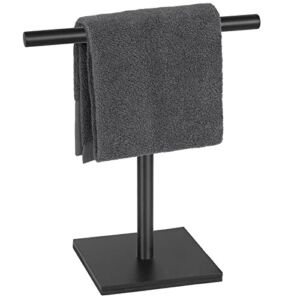 DUKWIN Hand Towel Holder, SUS304 Stainless Steel Hand Towel Stand T-Shaped Matte Black Freestanding Rack for Bathroom Kitchen Countertop with Square Base