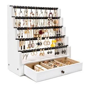 Earring Organizer, 5 Layer Earring Holder Organizer with Metal Necklace Holder Pole, Rustic Wood Jewelry Organizer Stand Display for Stud Earring Bracelet Necklace Ring, 175 Earring Holes (White)