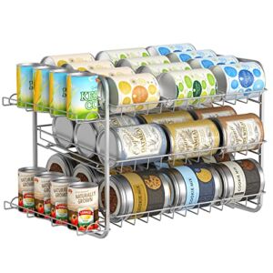 Bextsrack Can Rack Organizer for Pantry, Stackable Can Storage Holder with Side Basket Holds Up to 42 Cans for Kitchen Pantry Cabinet – Silver