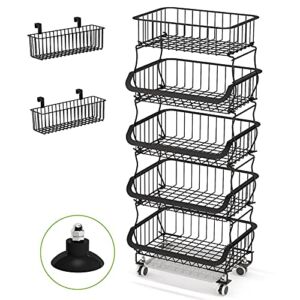Fruit Basket, 1Easylife 3 Tier Stackable Metal Wire Basket Cart with Rolling Wheels, Utility Rack for Kitchen, Pantry, Garage, With 2 Free Baskets (5 tier)