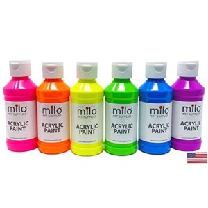 milo Fluorescent Acrylic Paint Set of 6 Colors | 4 oz Bottles | Student Neon Colors Acrylics Painting Pack | Made in the USA | Non-Toxic Art & Craft Paints for Artists, Kids, & Hobby Painters