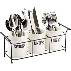 Bekith 3-Piece White Ceramic Silverware Caddy with Black Metal Rack, Utensil Holder Flatware Caddy Cutlery Storage Organizer for Kitchen Table, Cabinet or Pantry