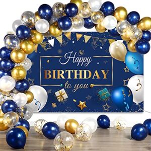 Navy Blue Birthday Confetti Balloons Kit Set 50 Pieces Blue Birthday Photography Backdrop Banner Package for Boys Girls Men Women Birthday Party Decorations Supplies (Navy Blue and Gold)