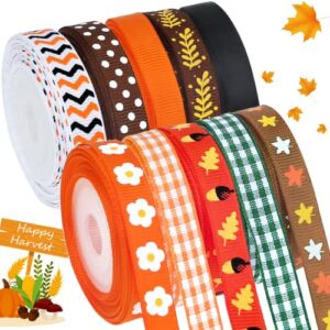 3/8″ Fall Ribbon for Crafts(10 x 5Yds), Ribbon for Fall Thanksgiving Decorations Gift Wrapping and DIY Wreath, Orange Ribbon for Autumn Harvest
