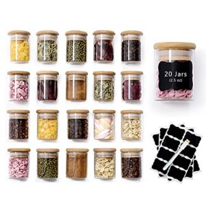 ZPGXLRZ 20 Pcs Glass Spice Jars with Airtight Bamboo Lids, Labels and Pen, 2.5oz Mini Clear Food Storage Containers for the Pantry, Kitchen Canisters for Tea, Herbs, Sugar, Salt, Coffee and More