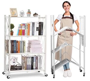 4-Shelf General Purpose Collapsible/Foldable Shelving Unit, Sturdy Storage Rack with Caster Wheels. 4-Tier Organizer, Laundry/kitchen storage shelves, Heavy Duty Metal Frame, No Assemble Needed, White