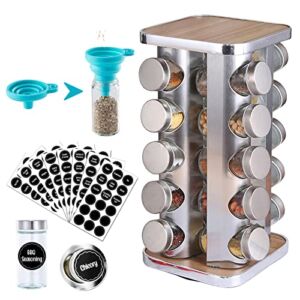 Spice Rack Jars With Label – ZHMNEG 304 Stainless Steel and Natural Logs Spinning Spice Organizer 20 Empty Spice Jars, 144 Spice Labels With Funnel Complete Set,Polished arc Design Protects Hands