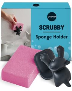OTOTO Scrubby Sponge Holder for Kitchen Sink – Gray Cat Kitchen Sponge Holder – Dishwasher Safe Dish Sponge Organizer- Rust-Free – 3.9×3.1×3.9 inches