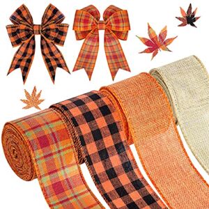 26.4 Yards Fall Ribbon, 2″ Halloween Ribbon for Crafts Wreaths Bows, Orange Black Buffalo Plaid Burlap Ribbon, Wired Ribbons for Thanksgiving Autumn Halloween Fall Decorations Gifts (6.6 Yards Each)