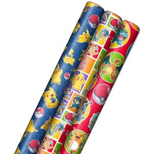 Hallmark Pokémon Wrapping Paper with Cutlines on Reverse (3 Rolls: 60 Sq. Ft. Ttl) with Pikachu, Charmander, Bulbasaur for Birthdays, Kids Parties, Gamers, Christmas Gifts