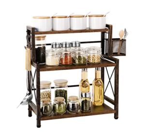 Venloup Spice Rack Organizer with Wire Basket, 3-Tier Counter Shelf, Desktop Organizer with Engineered Wood, for Countertop, Kitchen, Dining Room, Office