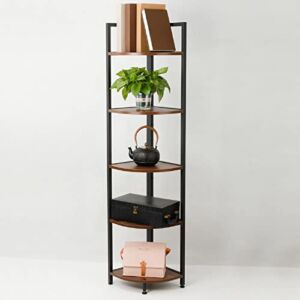 Manfuou Corner Shelves, 5 Tier Wooden Corner Bookshelf with Metal Frame, Rustic Corner Shelf Stand Display Plant Flower, Corner Stand Bookcase for Home, Office, Kitchen, Bathroom, Small Space