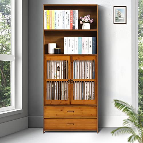 MoNiBloom Bookshelf with 2 Storage Shelves and 2 Drawers, Traditional Freestanding Storage Cabinet with Louvered Doors for Living Room Study Room, Brown | The Storepaperoomates Retail Market - Fast Affordable Shopping