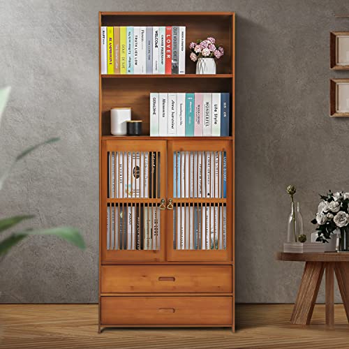 MoNiBloom Bookshelf with 2 Storage Shelves and 2 Drawers, Traditional Freestanding Storage Cabinet with Louvered Doors for Living Room Study Room, Brown | The Storepaperoomates Retail Market - Fast Affordable Shopping