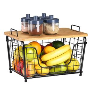 HEOMU Countertop Basket for Kitchen, Bread Vegetable Fruit Organizer Bin With Bamboo Lid, Metal Rectangular Wire Basket for Pantry Cabinet