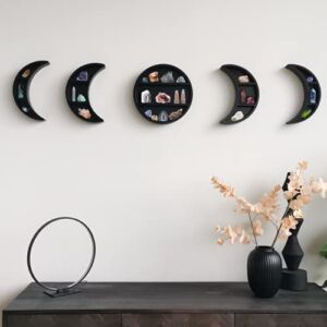EOKI 5 Pieces 12.2″ Moon Phase Shelf Set – Phases of The Moon Wall Decor – Crescent Moon Shelf for Crystals – Moon Phase Wall Decor Crystal Shelf Display – Above Bed Wall Decor Bedroom Storage (Black)