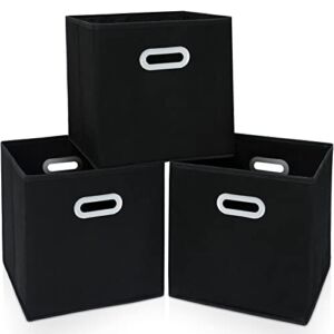 SEVENDOME Fabric Cloth Storage Bins,Fabric Cube Organizer with Dual Handles Foldable Cube Storage Baskets for Home Bedroom Storage,Set of 3, Black