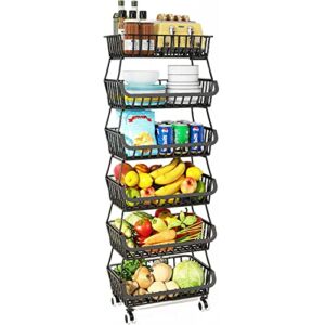 Fruit and Vegetable Storage – 6 Tier Fruit Basket Stand for Kitchen Floor, Metal Wire Storage Backets with Wheels for Produce Pantry Vegtable Organizer