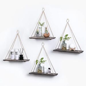 Rustic Wall Decor Shelf – Shelves for Bedroom – Hanging Shelves for Wall – Hanging Plant Shelf – Farmhouse Decor -17-Inch with Swing Rope Floating Shelves. (Dark Brown- Pack of 4)