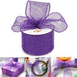 HUIHUANG Glitter Mesh Ribbon Purple Web Mesh Wired Ribbon Metallic Mesh Ribbon Sparkling Wire Edge Ribbon for Gift Wrapping Bow Making Home Decor Wreath DIY Crafts Tree Topper Bows-2.5″ x 10 Yards