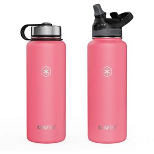 ICEWATER-40 oz, 2 Lids(Auto Straw & Wide Mouth),Insulated Water Bottle,18/8 Stainless Steel,BPA-Free,Vacuum Double Walled,Leak Proof (40 oz, Pink)