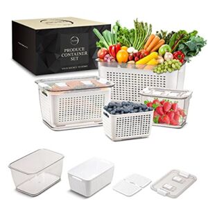 3 Pack Produce Saver Container With Lids and Dividers – Vegetable and Fruit Containers for Fridge Produce Keeper – Adjustable Vent System Produce Storage BPA-Free Berry Fridge Storage Organizer bins