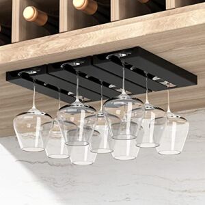2 Pack Wine Glass Rack – Punch-free Under Cabinet Stemware Wine Glass Holder Glasses Storage Hanger plastic Organizer for Bar Punch-free self-adhesive（Black）