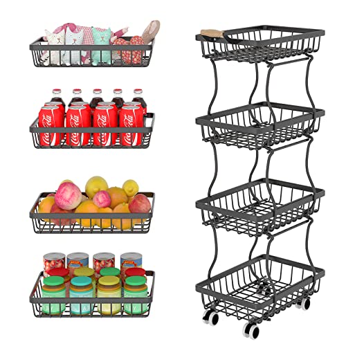 OKZEST 4 Tier Slim Fruit Vegetable Storage Basket for Kitchen, Stackable Metal Wire Baskets with Rolling Wheels, Produce Potato Onion Storage Bins Rack Utility Snack Organizer Cart for Pantry, Black | The Storepaperoomates Retail Market - Fast Affordable Shopping