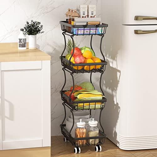 OKZEST 4 Tier Slim Fruit Vegetable Storage Basket for Kitchen, Stackable Metal Wire Baskets with Rolling Wheels, Produce Potato Onion Storage Bins Rack Utility Snack Organizer Cart for Pantry, Black | The Storepaperoomates Retail Market - Fast Affordable Shopping