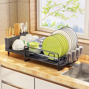 Dish Drying Rack, PXRACK Expandable(19.1″-26.9″) Large Capacity Dish Rack and Drainboard Set, Stainless Steel Dish Drainers with Utensil Holder for Kitchen Counter, Black