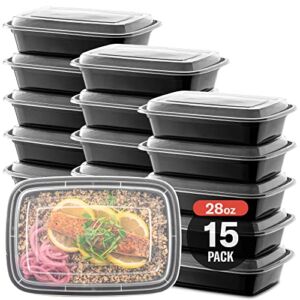 15-Pack Meal Prep Plastic Microwavable Food Containers with Tight Safety Lid Covers (28 oz.) – Black Rectangular Reusable Storage Lunch Boxes – BPA-Free Food Grade – Freezer & Dishwasher Safe