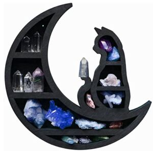 Cat on The Moon Crystal Wood Shelf, Black Cat Crystal Display Durable Shelf Beautiful and Delicate Engraved Moon Design for Essential Oil Small Plant and Art Gothic Witchy Room Ornaments