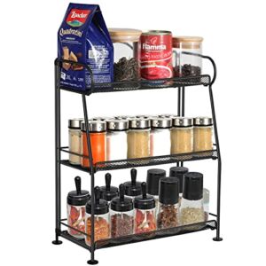Spice Rack Organizer for Countertop and Cabinet, MRINDA 3-Tier Foldable Storage Shelf for Kitchen and Bathroom with Guardrail, No Assembly Required