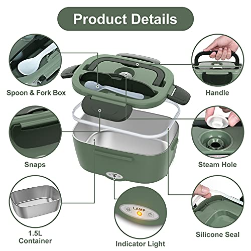 Vabaso Electric Lunch Box Food Heater, 2 in 1 Portable Heated Lunch Box for Car Truck Home Work Adults Food Heating, Leak Proof, 1.5L Removable Stainless Steel Container, 110V/12V/24V 60W | The Storepaperoomates Retail Market - Fast Affordable Shopping