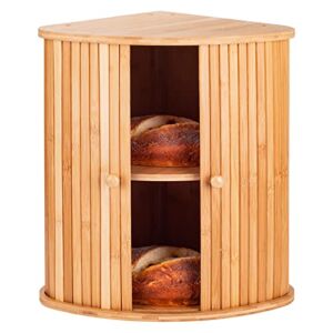 Bamboo Bread Box For Kitchen Countertop TOMKID Farmhouse Corner Bread Box 2 Layer Bread Storage Container, Extra Large Bread Boxes, 15.1 in x 11.8 in x 16.8 in (Assembly required)