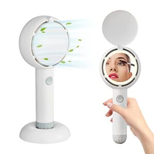 Mini Handheld Fan, Battery Operated Rechargeable Portable Fan with LED Light Makeup Mirror, Bladeless Small Personal Fan 3 Speeds Eyelash Fan for Women Girls Outdoor Travel (White)