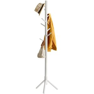 YMYNY Wooden Coat Rack Stand, Free Standing Hall Tree with 8 Hooks Super Easy Assembly, Adjustable Sizes Entryway Coat Rack for Hat, Clothes, Purse, Scarves, Handbags, White, HD-UHRF-1194
