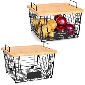 2 Set Kitchen Counter Basket with Bamboo Top – Pantry Cabinet Organization and Storage Wire Basket – Countertop Organizer for Produce, Fruit, Vegetable ( Onion, Potato ), Bread, K-Cup Coffee Pods
