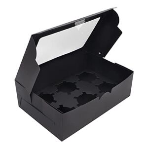 Dasofine 15pcs Black Cupcake Boxes, 6 Cupcake Container with Inserts and Window, 9.4’’ × 6.3’’ × 3’’ Cardboard Cupcake Box, Disposable Cupcake Box for Cake, Muffins, Macaron