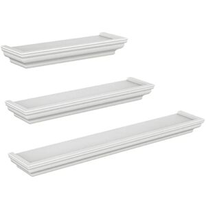 Ballucci Set of 3 Crown Molding Style Floating Wall Shelves, Wooden Ledges for Living Room, Bedroom, Bathroom, Kitchen, Office; 24, 16, 12″ – White