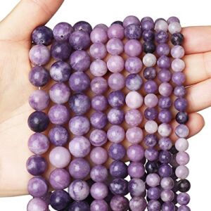 6mm Polished Smooth Purple Lepidolite, Natural Gemstone Beads Round Semi Precious Loose Stones Energy Healing Crystals with Free Stretch Cord for Jewelry Making, DIY Bracelet Necklace