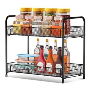 Spice Rack Organizer for Countertop,Xpatee 2-Tier Foldable Metal Rust-Proof Standing Large Seasoning Storage Shelf with Guardrail and Mesh Design for Kitchen Cabinet Bathroom Makeup Living Room Pantry Office, Black