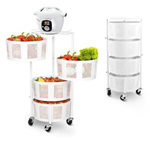 GLOCALCUL Fruit Vegetable Round Baskets Rack, Rolling Rotating Storage Shelf, Easy Install Metal Baskets with Wheels, Standing Storage Cart Organizer for Kitchen, Bathroom, Living Room(White, 4 Tier)