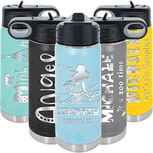 Personalized Kids Water Bottle 20oz with Flip-Top Lid and Straw, Thermos Kids Stainless Steel Insulated Flask, Your Name Engraved in USA by iProductsUS, Gifts for Girls Boys (17 Colors, 35 Designs)