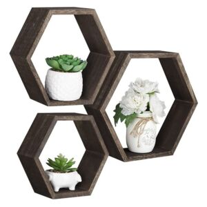 Wall Glimmer Hexagon Floating Shelves Rustic Brown – Set of 3 Larger Size Decorative Honeycomb Shelves – Wall Mounted Geometric Rustic Wood Floating Shelves for Wall Decor
