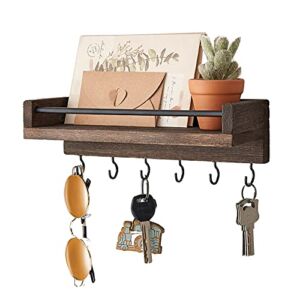 Mkono Key Holder for Wall, 9.5″ x 3.5″ x 2.5″ Small Rustic Wood Floating Shelf with 6 Hooks Decorative Display Key Hanger for Living Room, Entryway, Bedroom, Bathroom,Office, Home Decor