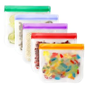 rezip Lay-Flat Lunch Reusable BPA-Free Food Grade Storage Bag 5-Pack, Leakproof, Freezer Safe, Dishwasher Safe, Travel Friendly, (5) Lunch / Sandwich Bags (3.5-Cup/28-Ounce), (Multicolor – Jewel Tones)
