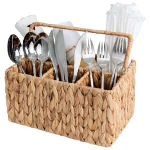 StorageWorks Wicker Flatware Organizer, Hand Woven Water Hyacinth Cutlery Holder for Countertop with Handle, 10 ¼ x 7 x 5 ½ inches, 1-Pack