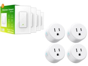 Smart Dimmer Switch, Smart WiFi Light Switch 4Pack and Smart Plug, Mini WiFi Outlet Socket 4Pack